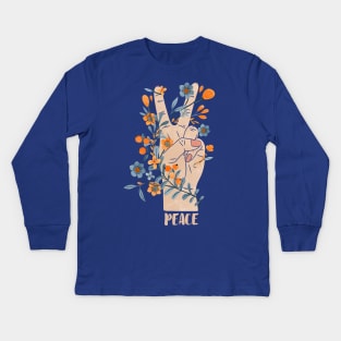 Peace Sign With Orange Flowers, Blue Flowers And Vines Kids Long Sleeve T-Shirt